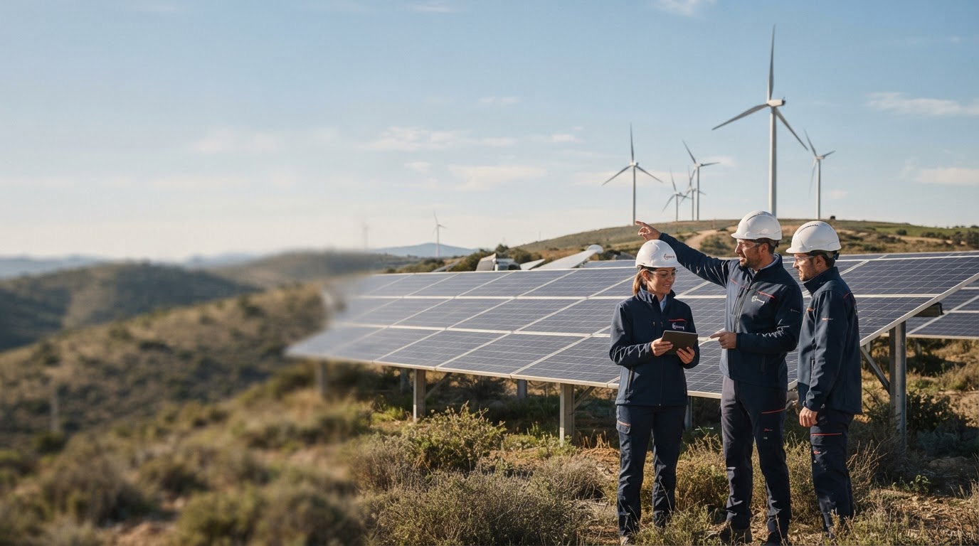 Acciona, oficina profesional con visualización de datos financieros